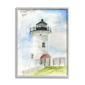 Nobska Point Lighthouse Cliffside Coastal Architecture 20" x 16" Gray Framed Wall Art