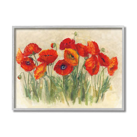 Red Poppy Florals Soft Green Meadow Grass 20" x 16" Gray Framed Wall Art