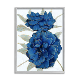 Bold Blue Carnation Florals Gold Line Detail 20" x 16" Gray Framed Wall Art