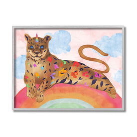 Fantasy Jungle Cat On Mystical Rainbow 20" x 16" Gray Framed Wall Art
