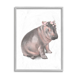 Floral Crown Baby Hippo Soft Animal Illustration 14" x 11" Gray Framed Wall Art