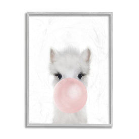 Baby Woodland Alpaca with Pink Bubble Gum 20" x 16" Gray Framed Wall Art