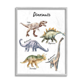 Fun Dinosaur Chart Playful Watercolor Illustration 20" x 16" Gray Framed Wall Art