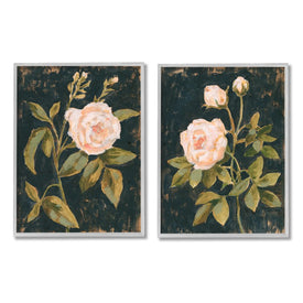 Enchanted Vintage Pink Rose Florals Distressed Black 20" x 16" Gray Framed Wall Art Two-Piece Set