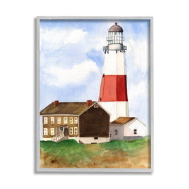 Nautical Red Striped Lighthouse Coastal Cliff Architecture 20" x 16" Gray Framed Wall Art