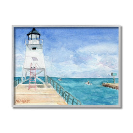 Boardwalk Leading to Lighthouse Seaside Landscape 14" x 11" Gray Framed Wall Art