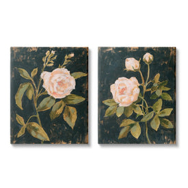 Enchanted Vintage Pink Rose Florals Distressed Black 20" x 16" Gallery Wrapped Wall Art Two-Piece Set