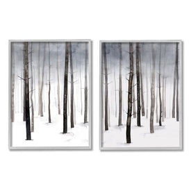 Winter Snow Tree Forest Haze Eerie Cold 20" x 16" Gray Framed Wall Art Two-Piece Set