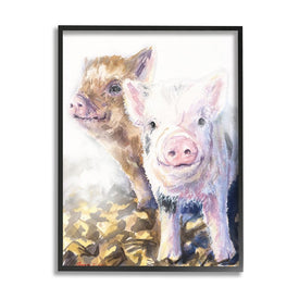 Baby Piglets Smiling Adorable Farm Animals 30" x 24" Black Framed Wall Art