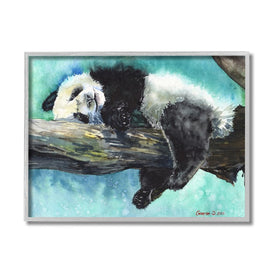 Sleepy Baby Panda in Tree Over Vibrant Blue 20" x 16" Gray Framed Wall Art