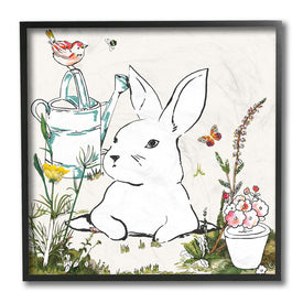 Curious Bunny Rabbit Butterfly Garden Florals 12" x 12" Black Framed Wall Art