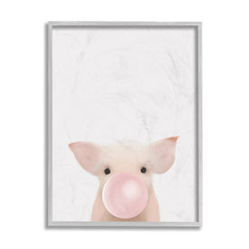 Baby Farm Piglet with Pink Bubble Gum 14" x 11" Gray Framed Wall Art