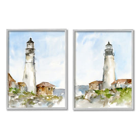 Coastal Cliffside Lighthouse Study Soft Nautical 20" x 16" Gray Framed Wall Art Two-Piece Set