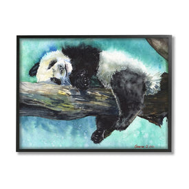 Sleepy Baby Panda in Tree Over Vibrant Blue 14" x 11" Black Framed Wall Art