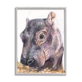 Baby Hippo Portrait Adorable Gray Safari Animal 14" x 11" Gray Framed Wall Art