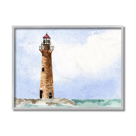 Coastal Little Gull Lighthouse Soft Watercolor Seascape 20" x 16" Gray Framed Wall Art