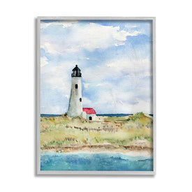 Lighthouse on Peninsula Soft Coastal Landscape 14" x 11" Gray Framed Wall Art