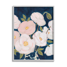 Luminous Pink Floral Bouquet Over Deep Blue 14" x 11" Gray Framed Wall Art