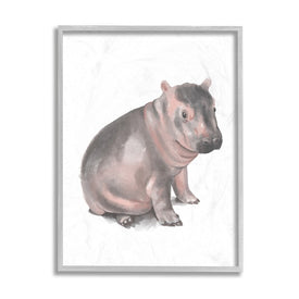 Sitting Baby Hippo Soft Pink Gray Illustration 14" x 11" Gray Framed Wall Art