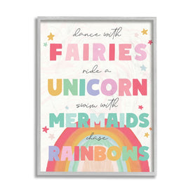 Fairies Unicorns Mermaids and Rainbows Whimsical Design 20" x 16" Gray Framed Wall Art