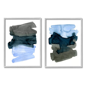 Energetic Blue Brush Strokes Abstract Ombre 14" x 11" Gray Framed Wall Art Two-Piece Set
