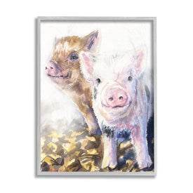 Baby Piglets Smiling Adorable Farm Animals 14" x 11" Gray Framed Wall Art