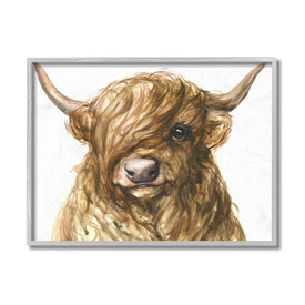 Curly Hair Highland Cow Baby Cattle Portrait 14" x 11" Gray Framed Wall Art