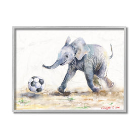 Elephant Baby Playing Soccer Adorable Jungle Animal 20" x 16" Gray Framed Wall Art