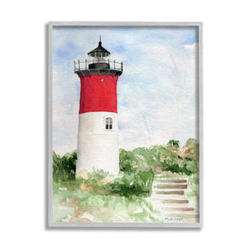 Stairs Leading to Nauset Lighthouse Green Cliffside 14" x 11" Gray Framed Wall Art