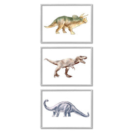 Prehistoric Dinosaurs Walking Fun Watercolor Reptiles 20" x 16" Gray Framed Wall Art Three-Piece Set