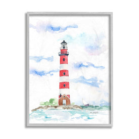Red Stripe Lighthouse Soft Coastal Landscape 20" x 16" Gray Framed Wall Art