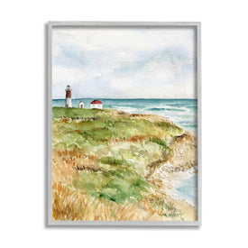 Point Judith Cliffside Lighthouse Coastal Landscape 14" x 11" Gray Framed Wall Art