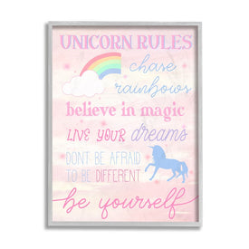 Unicorn Rules Happiness Rainbow Pink Sky 14" x 11" Gray Framed Wall Art