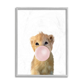 Baby Lion with Pink Bubble Gum Jungle Animal 14" x 11" Gray Framed Wall Art