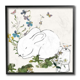 Sleeping Bunny Rabbit Soft Butterfly Garden 12" x 12" Black Framed Wall Art