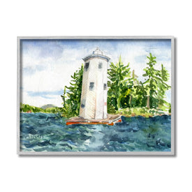 Cove Side Lighthouse Rustic Lake Landscape 14" x 11" Gray Framed Wall Art