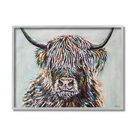 Country Cattle Wooly Highland Portrait Rainbow Hair 20" x 16" Gray Framed Wall Art