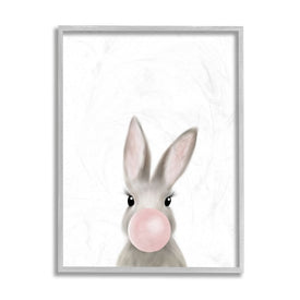 Bunny with Pink Bubble Gum Forest Animal 14" x 11" Gray Framed Wall Art