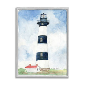 Black Striped Lighthouse with Quaint Cabin 14" x 11" Gray Framed Wall Art