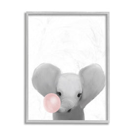 Baby Elephant with Pink Bubble Gum Safari Animal 20" x 16" Gray Framed Wall Art