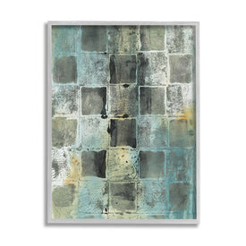 Checker Block Pattern Abstraction Over Blue Green 14" x 11" Gray Framed Wall Art