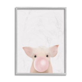 Baby Farm Piglet with Pink Bubble Gum 20" x 16" Gray Framed Wall Art
