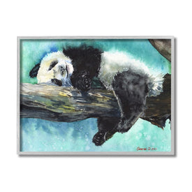 Sleepy Baby Panda in Tree Over Vibrant Blue 14" x 11" Gray Framed Wall Art