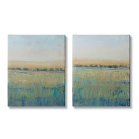 Sunset Open Meadow Soft Green Floral Field 20" x 16" Gallery Wrapped Wall Art Two-Piece Set