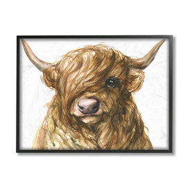 Curly Hair Highland Cow Baby Cattle Portrait 30" x 24" Black Framed Wall Art