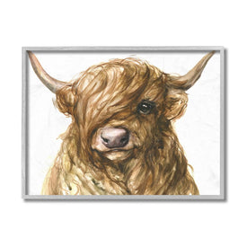 Curly Hair Highland Cow Baby Cattle Portrait 20" x 16" Gray Framed Wall Art