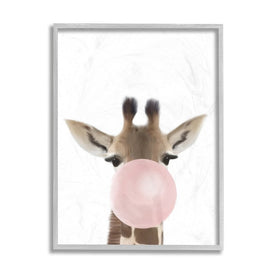 Baby Giraffe with Pink Bubble Gum Safari Animal 14" x 11" Gray Framed Wall Art
