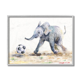 Elephant Baby Playing Soccer Adorable Jungle Animal 14" x 11" Gray Framed Wall Art