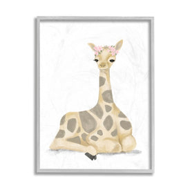 Floral Crown Baby Giraffe Soft Animal Illustration 14" x 11" Gray Framed Wall Art