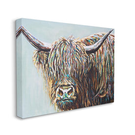 Whimsical Rainbow Hair Woolly Highland Cattle Portrait 30" x 24" Gallery Wrapped Wall Art